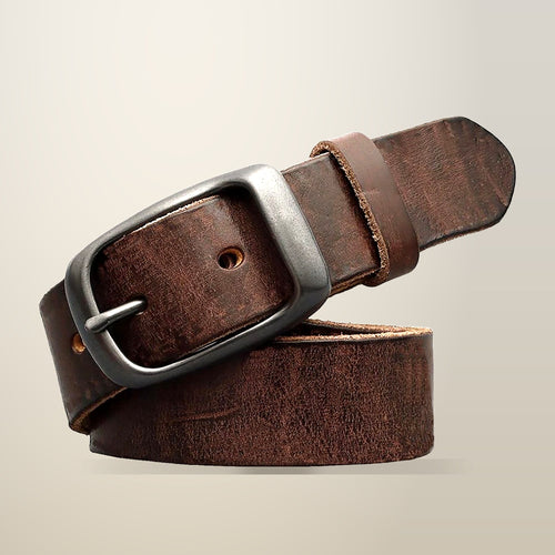 Men's Cowhide Leather Belt, Pin Buckle, 125 cm, on a plain cream background