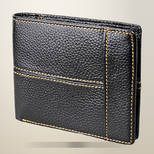 Men's Leather Bifold Wallet with RFID Blocking, on a plain cream background