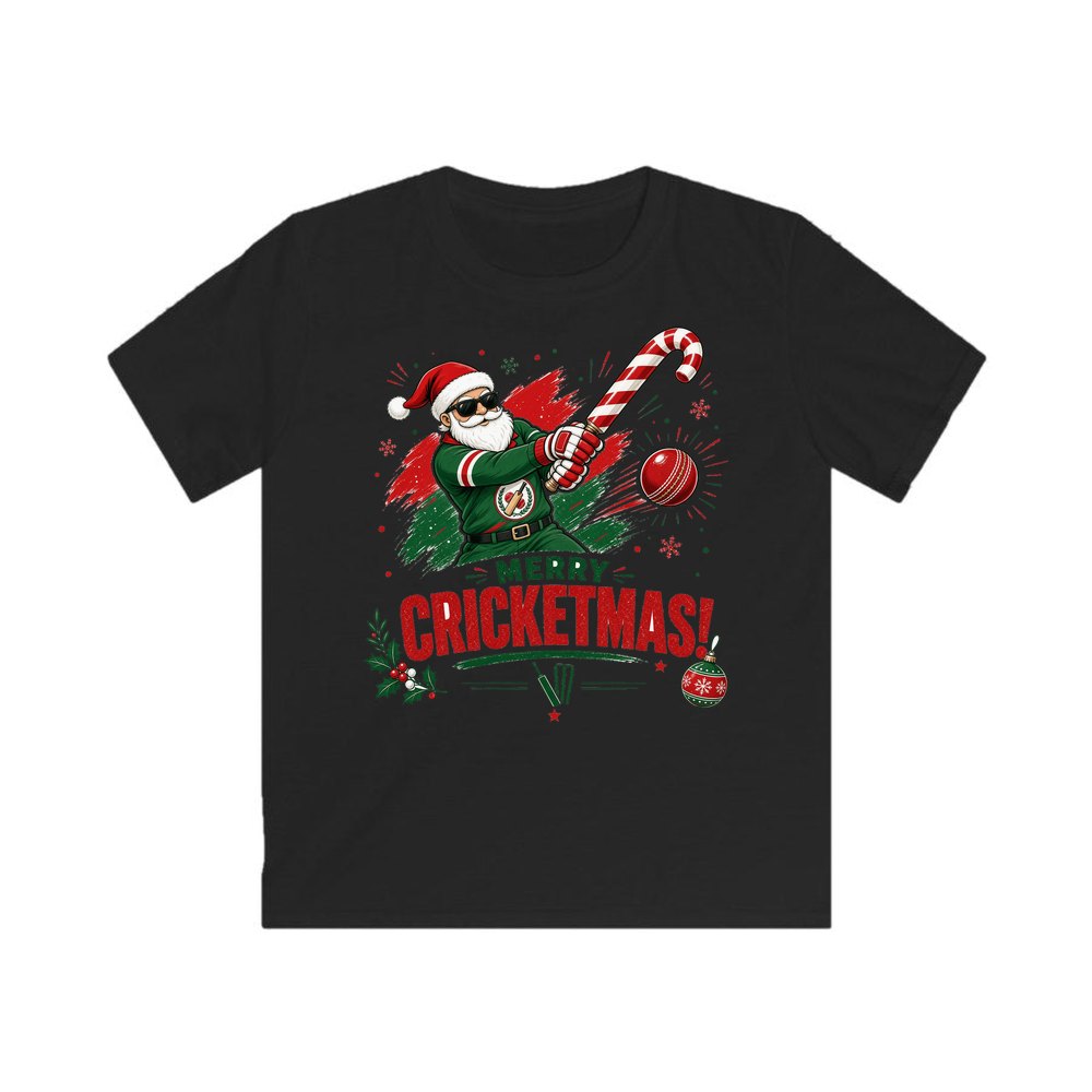 Merry Cricketmas Santa personalised kids Christmas tee in black