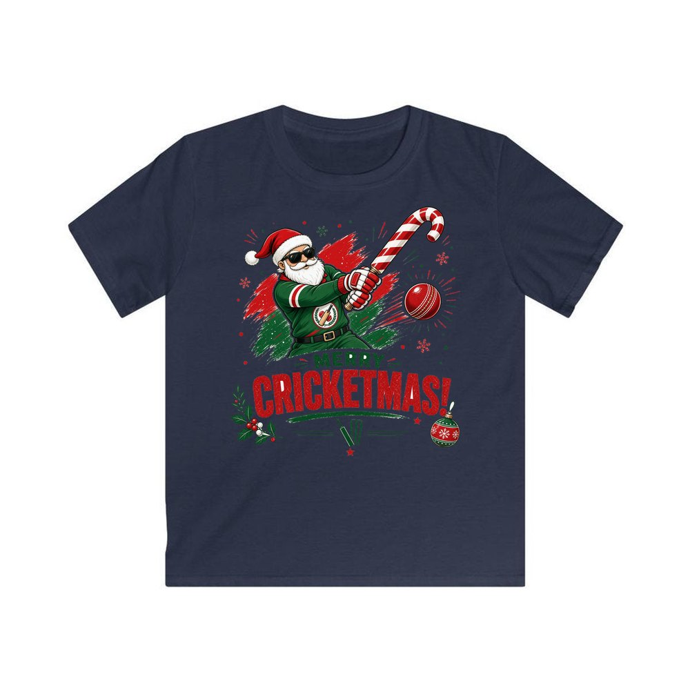 Merry Cricketmas Santa personalised kids Christmas tee in navy
