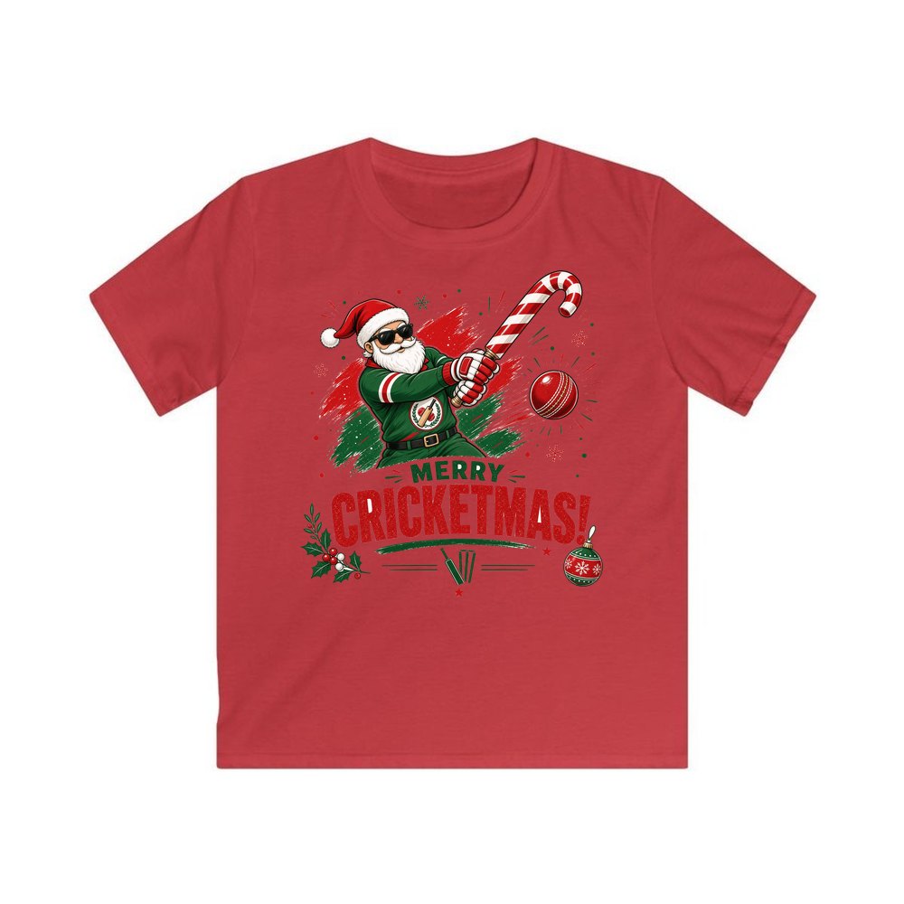 Merry Cricketmas Santa personalised kids Christmas tee in red