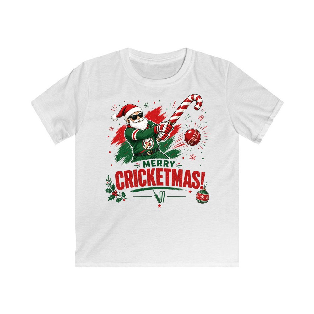 Merry Cricketmas Santa personalised kids Christmas tee in white