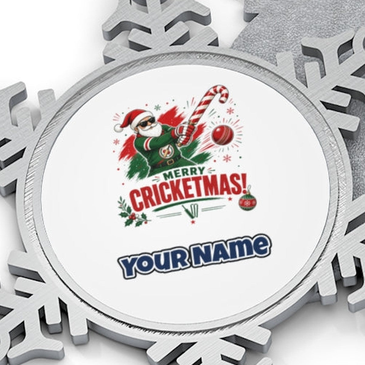 Merry Cricketmas Santa Personalised Pewter Christmas Ornament