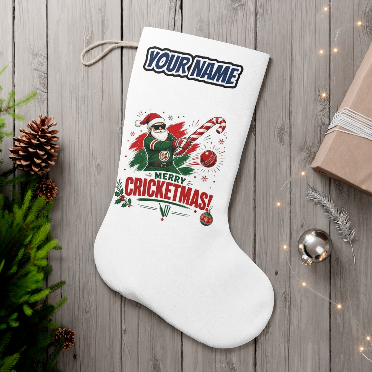 Merry Cricketmas Santa personalised Christmas stocking, white, with the name across the top
