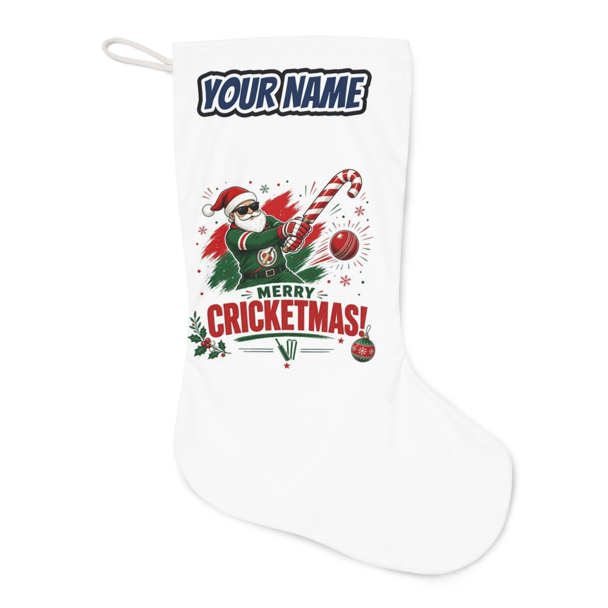 Merry Cricketmas Santa Christmas stocking laid flat, showing the full print