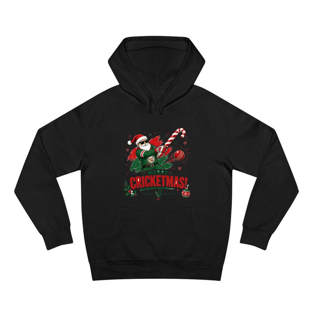 Merry Cricketmas Santa personalised Christmas hoodie in black