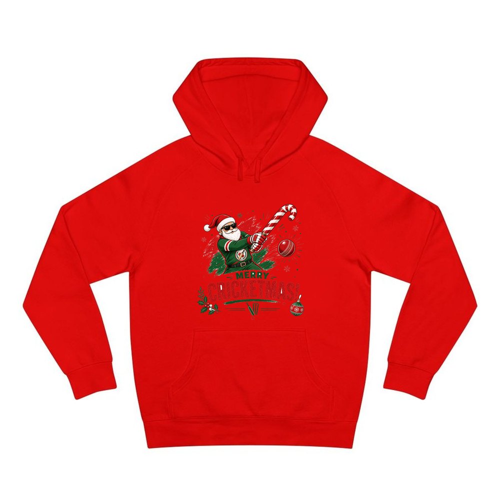 Merry Cricketmas Santa personalised Christmas hoodie in red