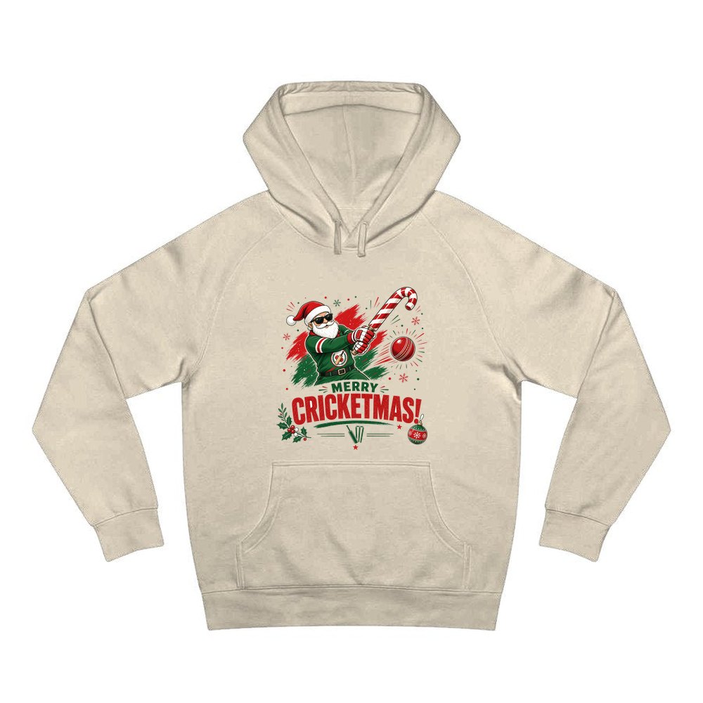 Merry Cricketmas Santa personalised Christmas hoodie in sand