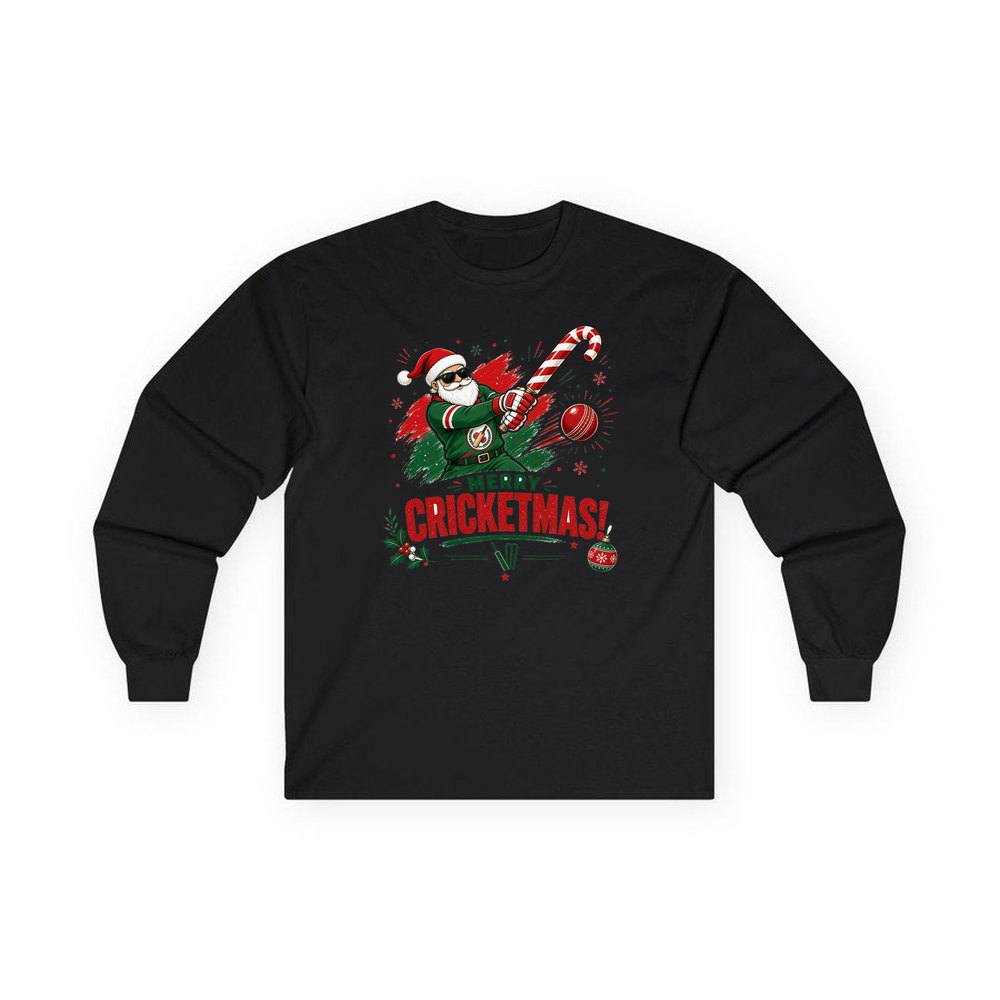 Merry Cricketmas Santa personalised long sleeve Christmas T-shirt in black