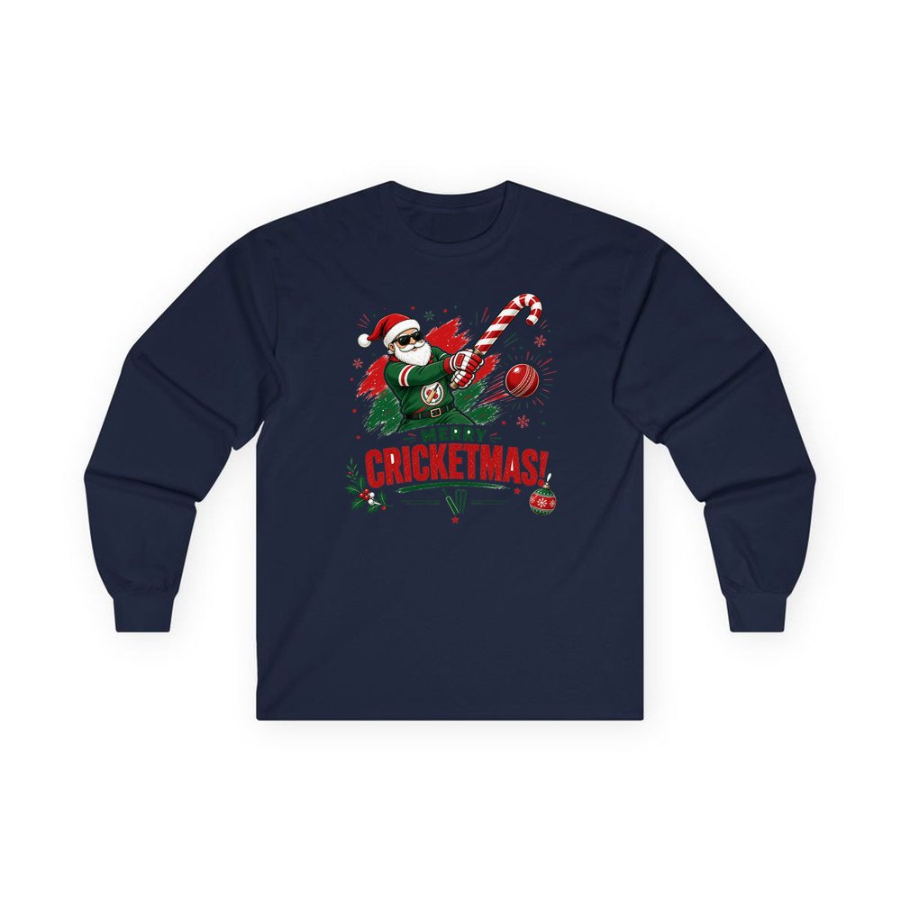 Merry Cricketmas Santa personalised long sleeve Christmas T-shirt in navy