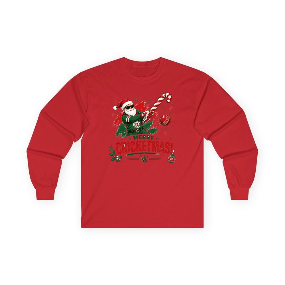 Merry Cricketmas Santa personalised long sleeve Christmas T-shirt in red