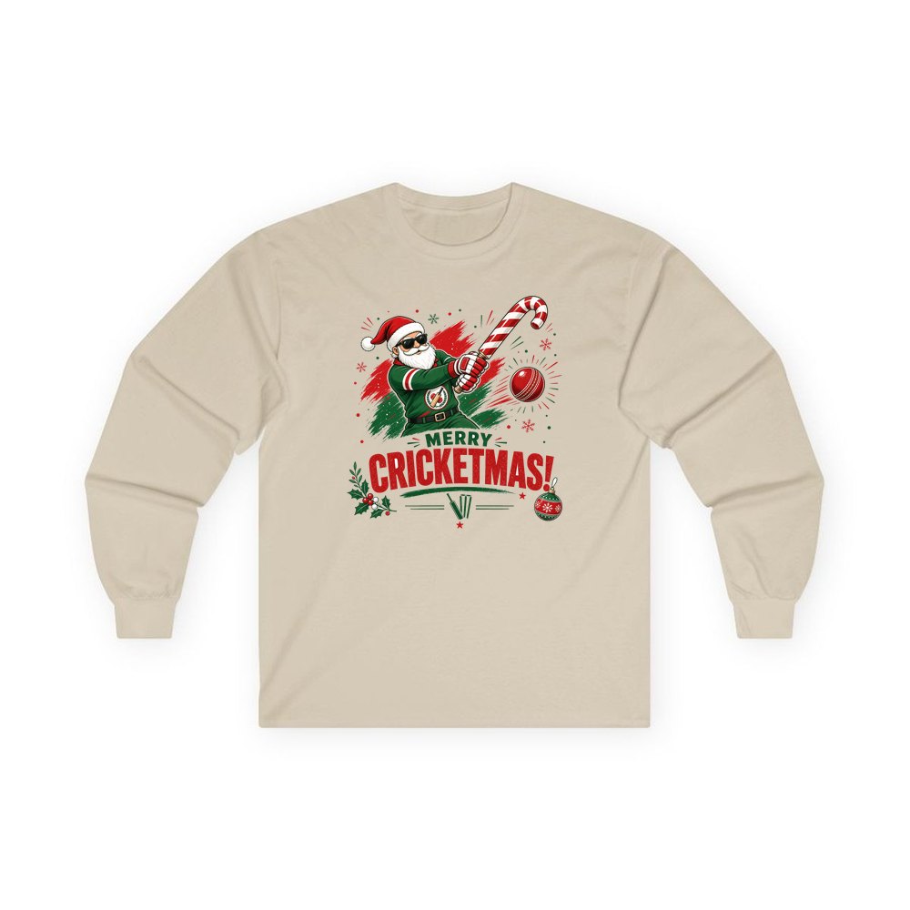 Merry Cricketmas Santa personalised long sleeve Christmas T-shirt in sand