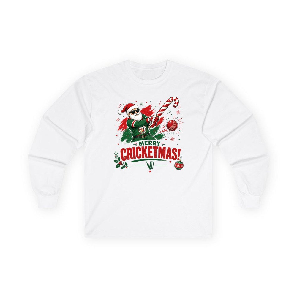 Merry Cricketmas Santa personalised long sleeve Christmas T-shirt in white