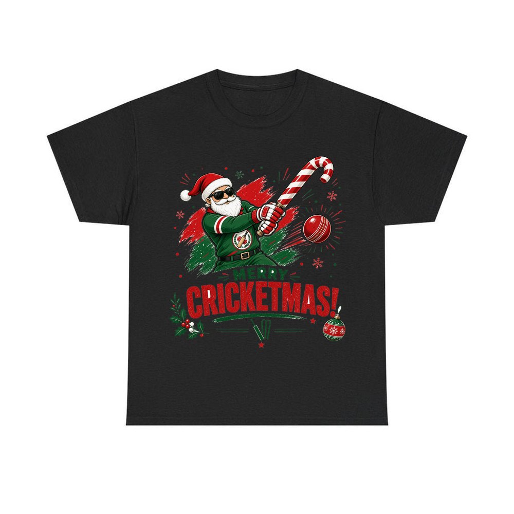 Merry Cricketmas Santa personalised Christmas T-shirt in black