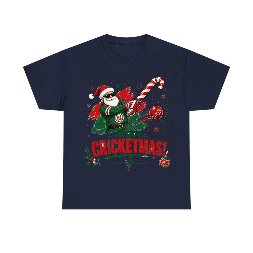 Merry Cricketmas Santa personalised Christmas T-shirt in navy