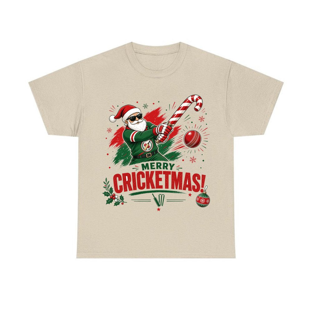 Merry Cricketmas Santa personalised Christmas T-shirt in sand
