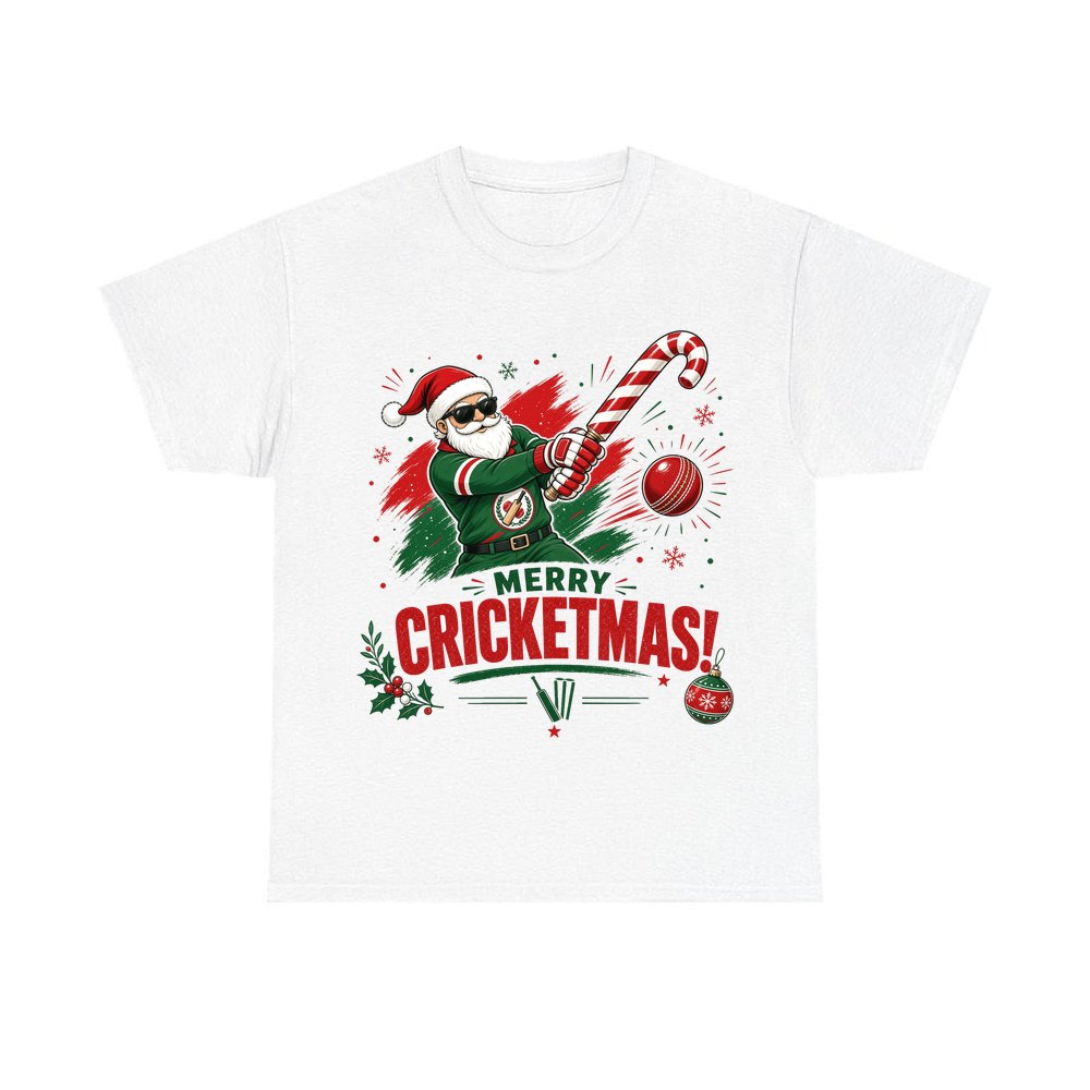 Merry Cricketmas Santa personalised Christmas T-shirt in white