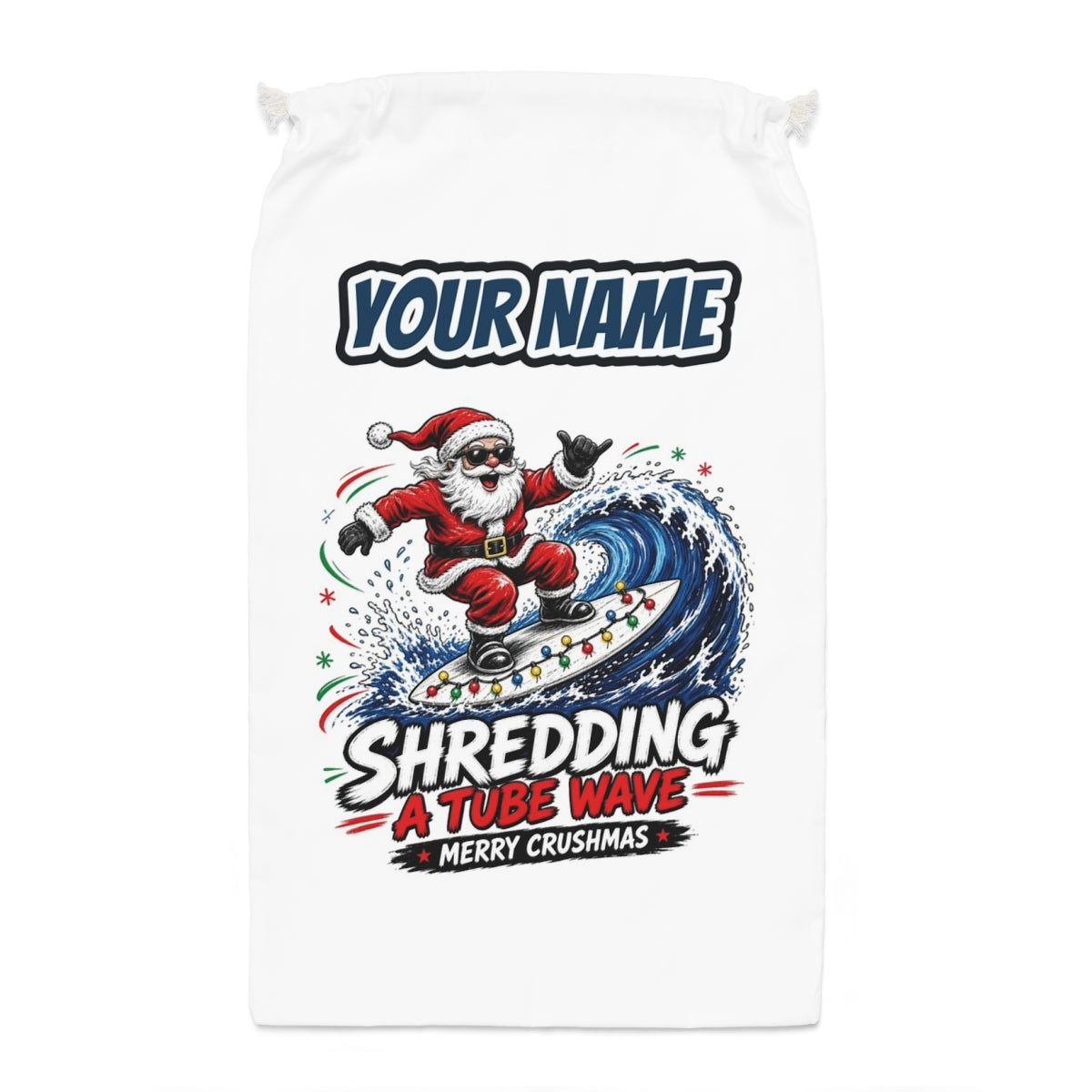 Merry Crushmas Santa sack laid flat, showing the full print