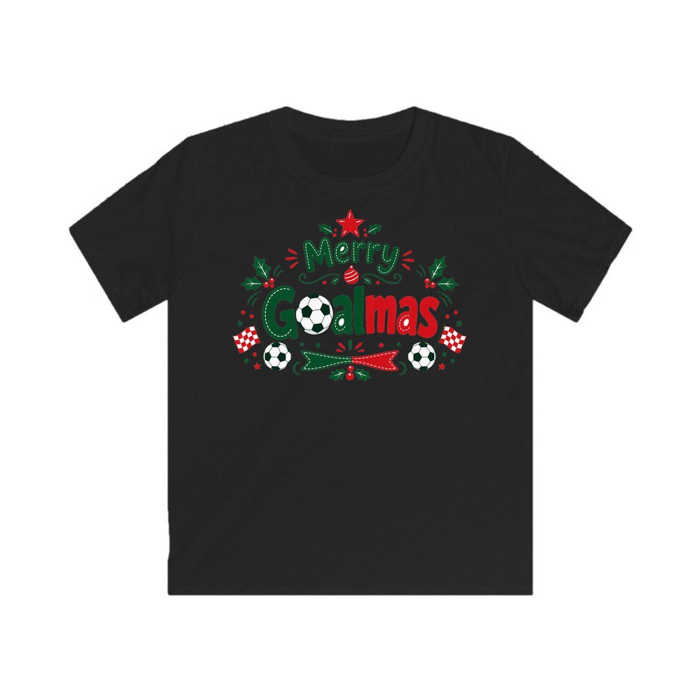 Merry Goalmas Soccer personalised kids Christmas tee in black