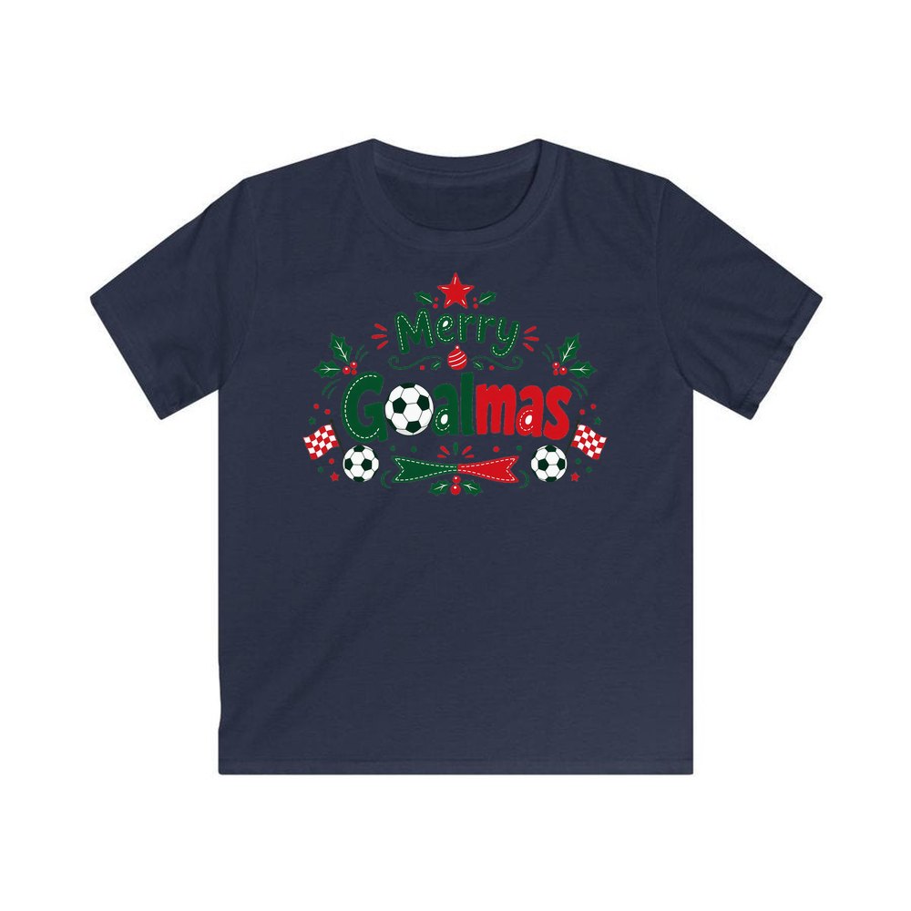 Merry Goalmas Soccer personalised kids Christmas tee in navy