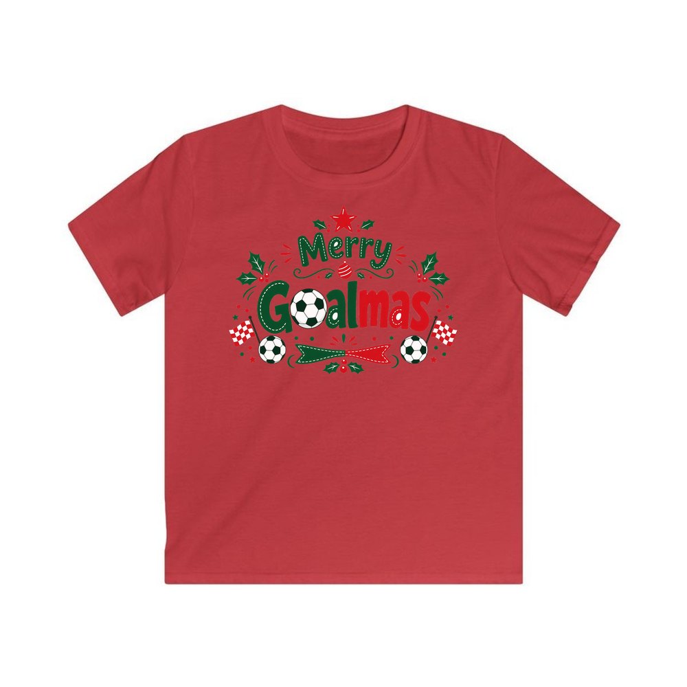 Merry Goalmas Soccer personalised kids Christmas tee in red