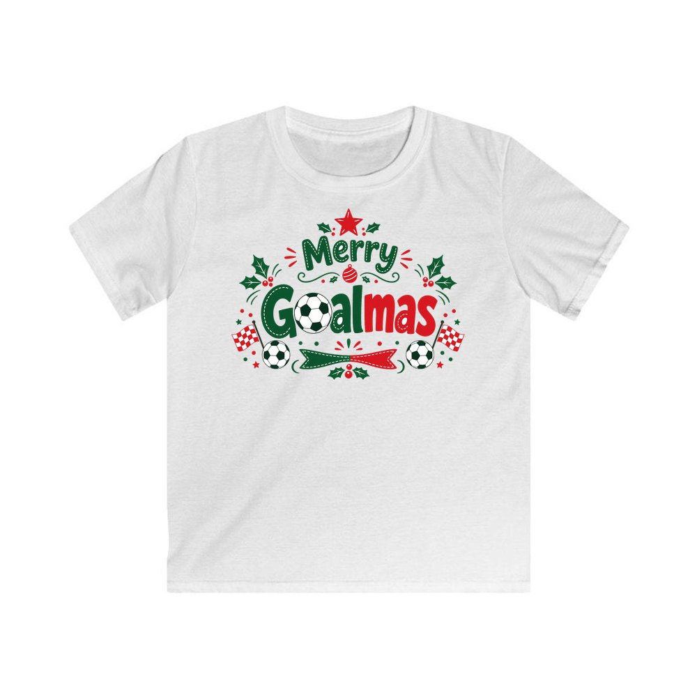 Merry Goalmas Soccer personalised kids Christmas tee in white