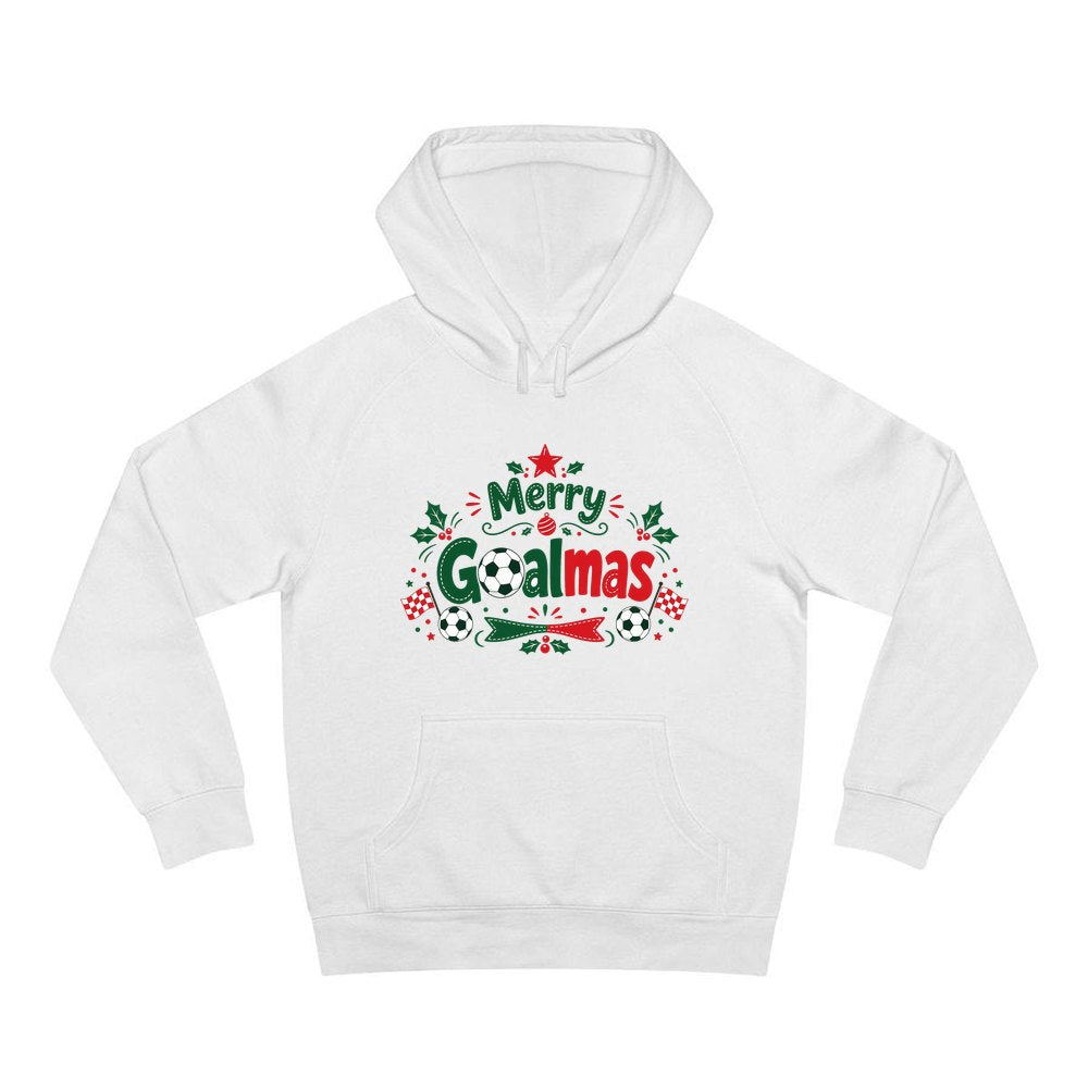 Merry Goalmas Soccer personalised Christmas hoodie in white