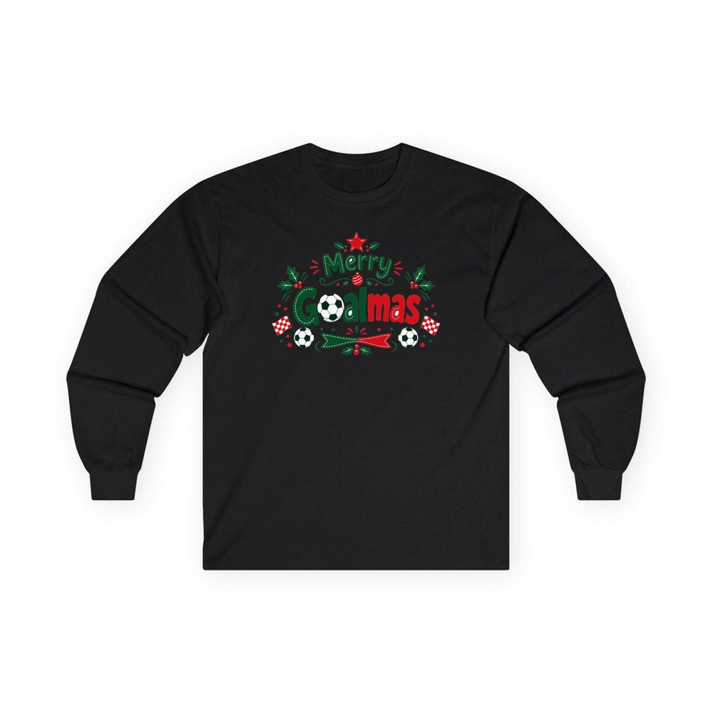 Merry Goalmas Soccer personalised long sleeve Christmas T-shirt in black