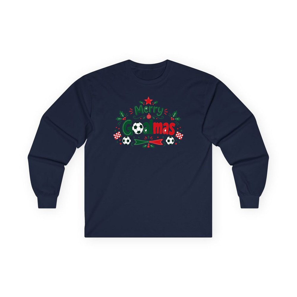 Merry Goalmas Soccer personalised long sleeve Christmas T-shirt in navy