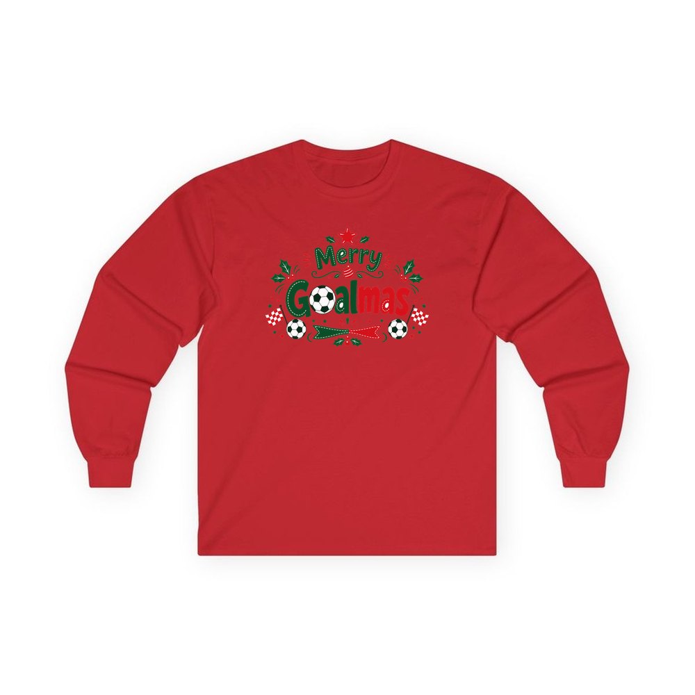 Merry Goalmas Soccer personalised long sleeve Christmas T-shirt in red