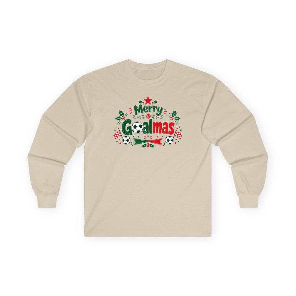 Merry Goalmas Soccer personalised long sleeve Christmas T-shirt in sand