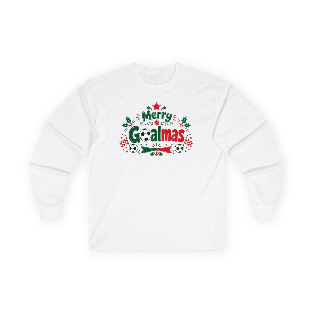 Merry Goalmas Soccer personalised long sleeve Christmas T-shirt in white