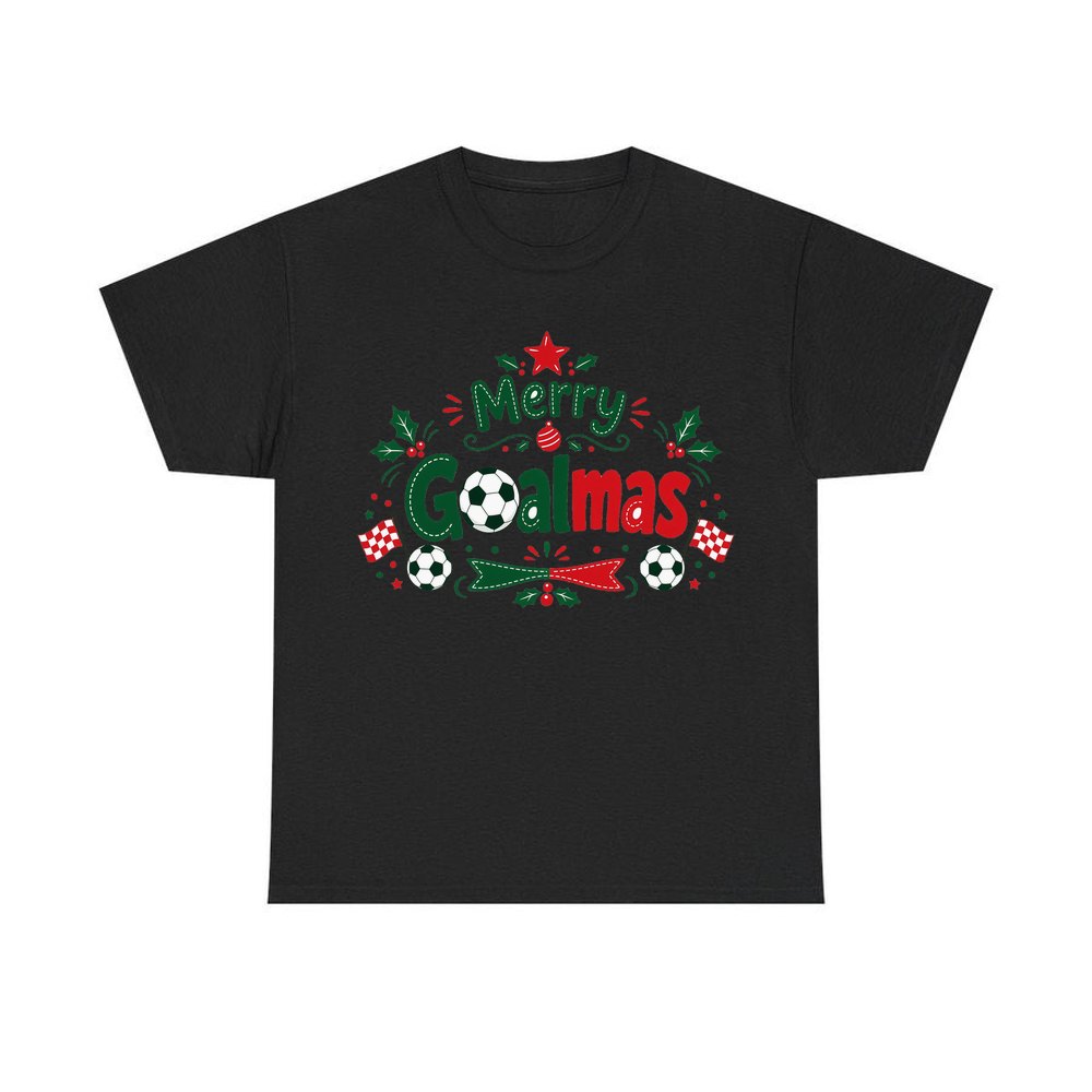 Merry Goalmas Soccer personalised Christmas T-shirt in black