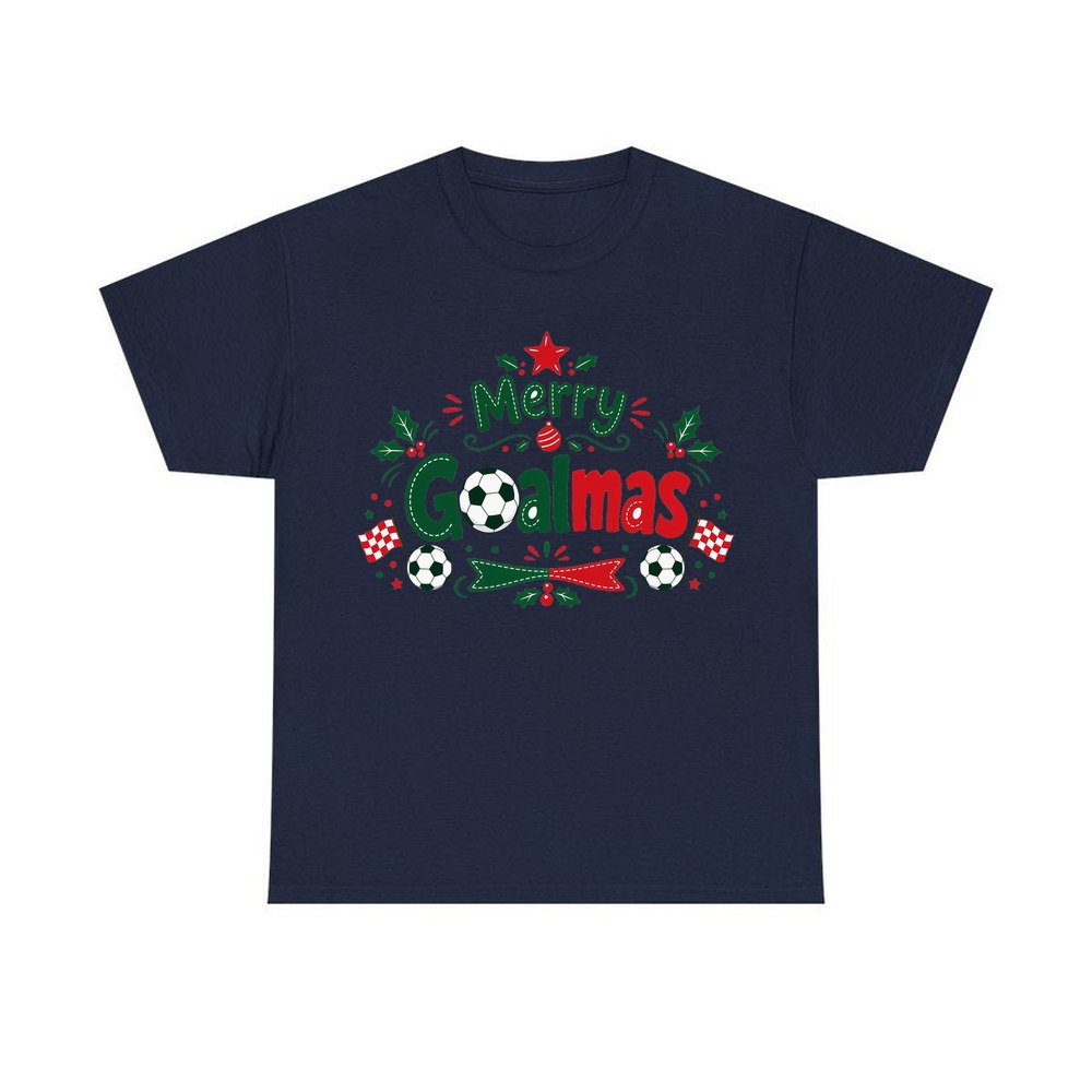 Merry Goalmas Soccer personalised Christmas T-shirt in navy