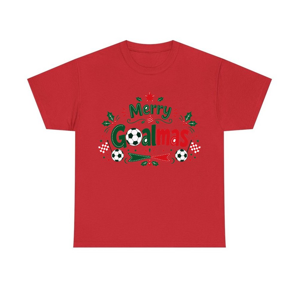 Merry Goalmas Soccer personalised Christmas T-shirt in red