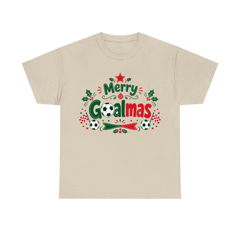 Merry Goalmas Soccer personalised Christmas T-shirt in sand