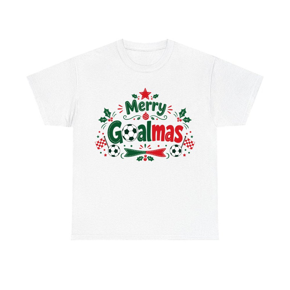 Merry Goalmas Soccer personalised Christmas T-shirt in white