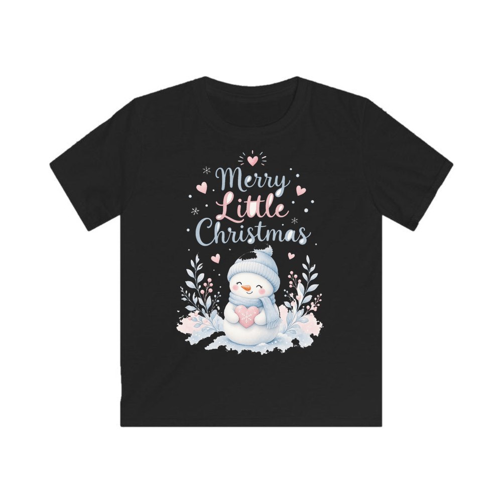Merry Little Snowman Heart personalised kids Christmas tee in black