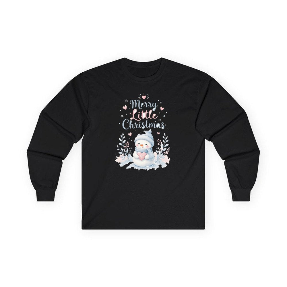 Merry Little Snowman Heart personalised long sleeve Christmas T-shirt in black