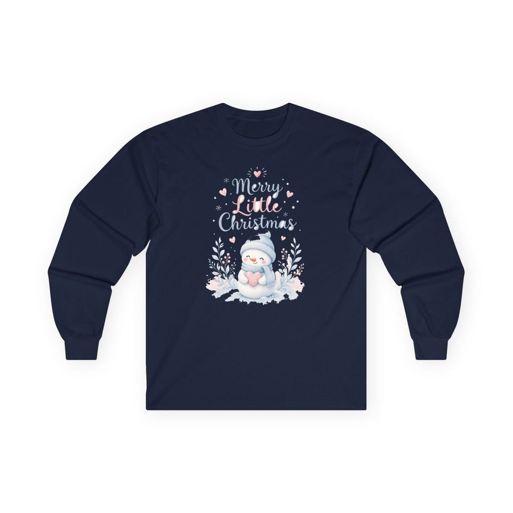 Merry Little Snowman Heart personalised long sleeve Christmas T-shirt in navy