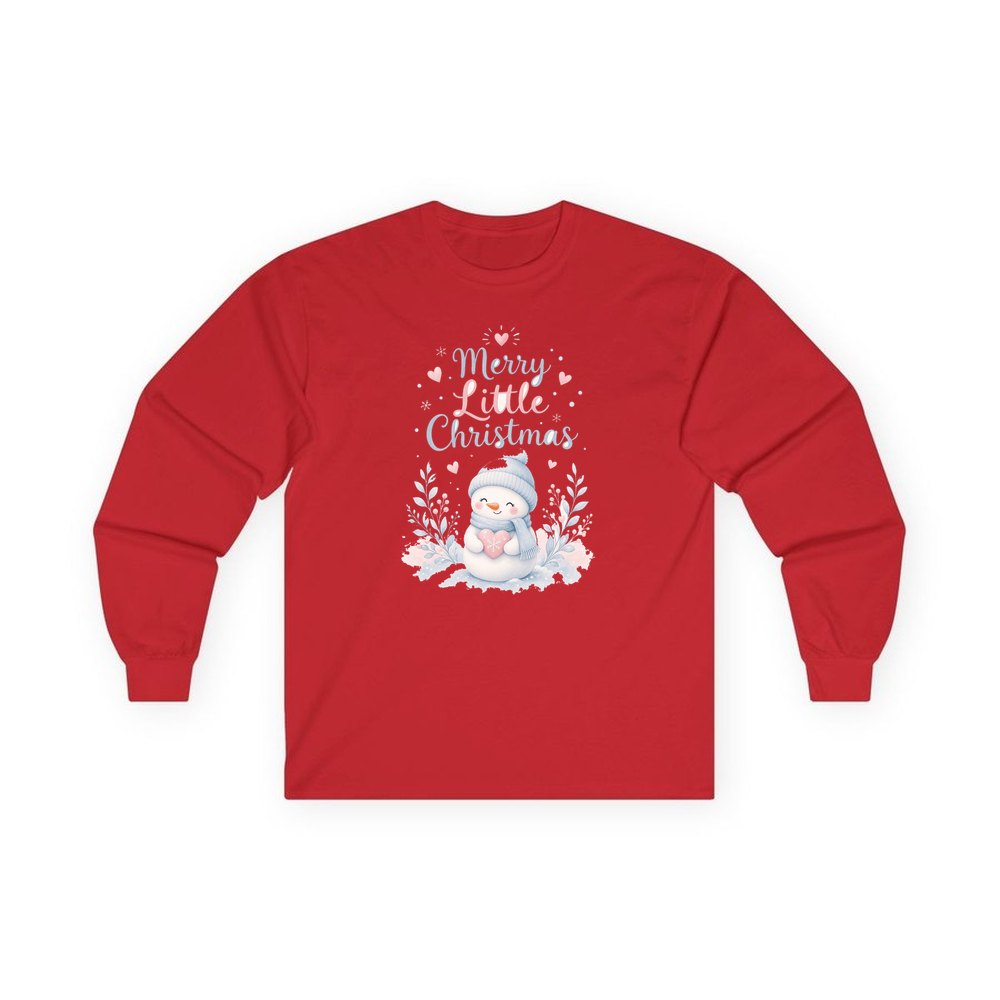 Merry Little Snowman Heart personalised long sleeve Christmas T-shirt in red
