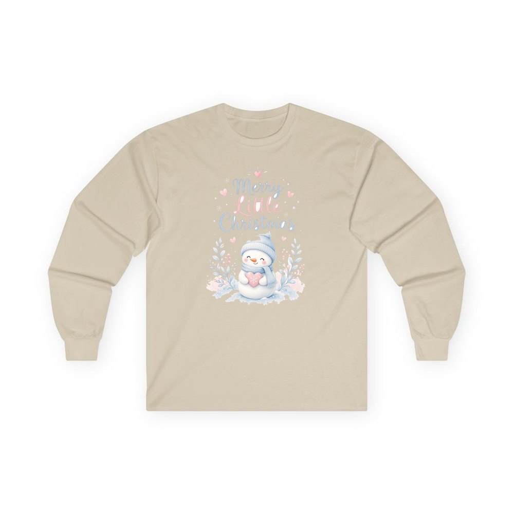 Merry Little Snowman Heart personalised long sleeve Christmas T-shirt in sand