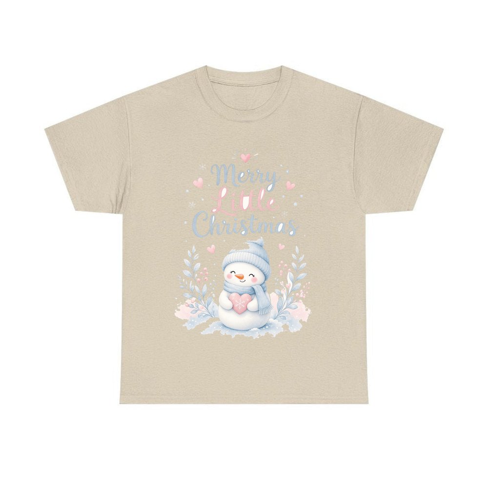 Merry Little Snowman Heart personalised Christmas T-shirt in sand