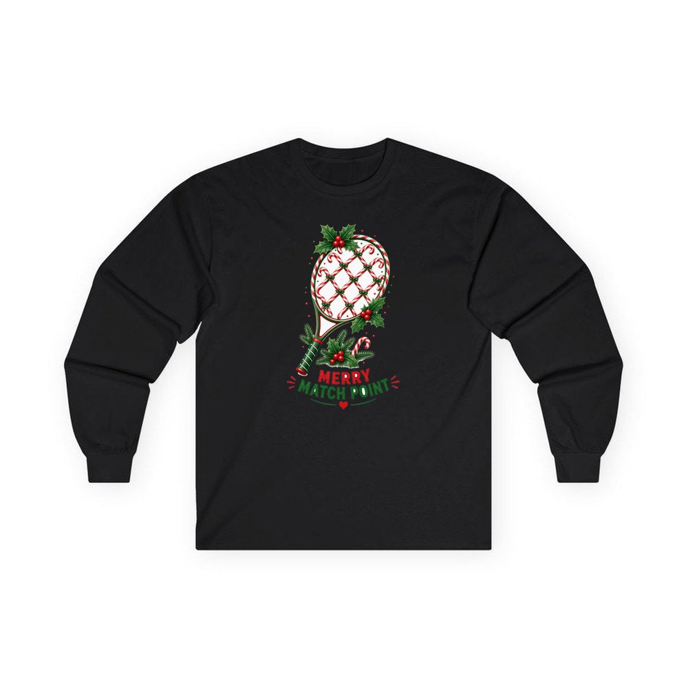 Merry Match Point Racquet personalised long sleeve Christmas T-shirt in black