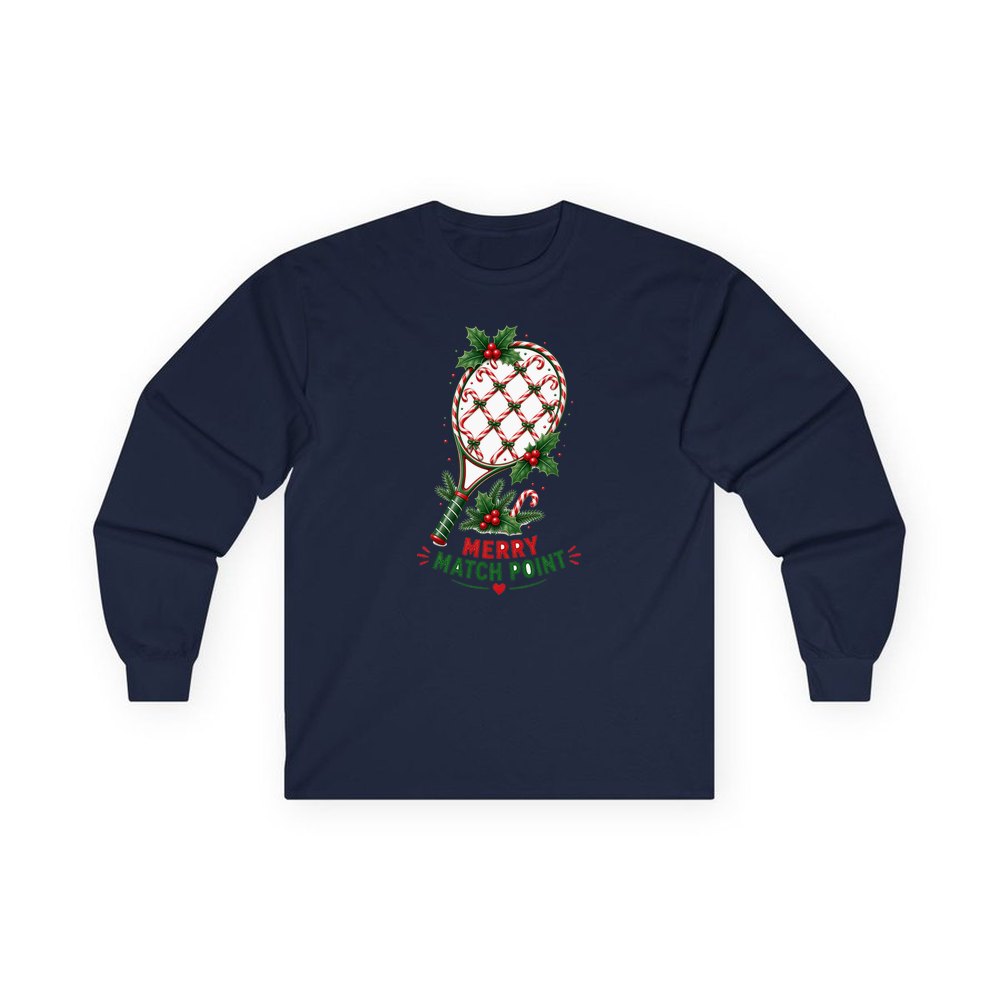 Merry Match Point Racquet personalised long sleeve Christmas T-shirt in navy
