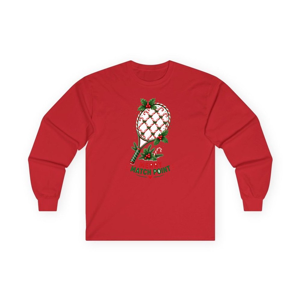 Merry Match Point Racquet personalised long sleeve Christmas T-shirt in red