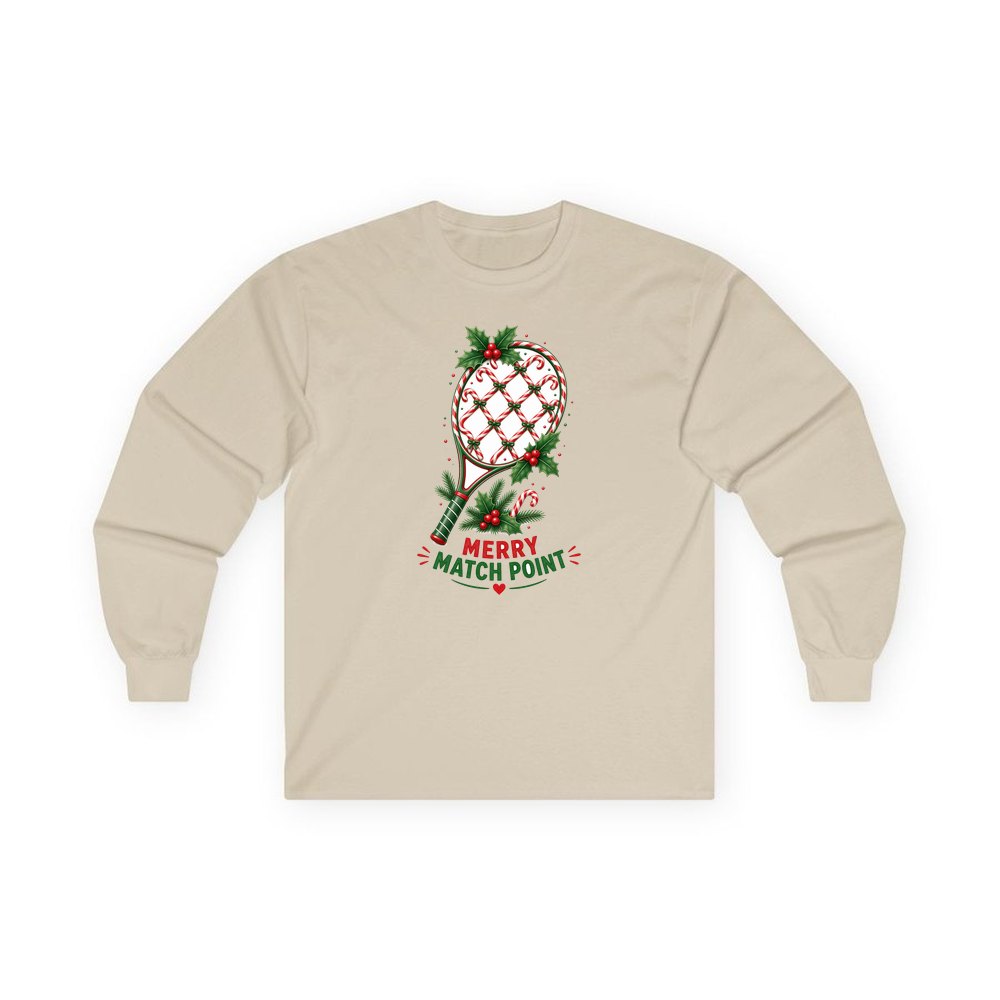Merry Match Point Racquet personalised long sleeve Christmas T-shirt in sand