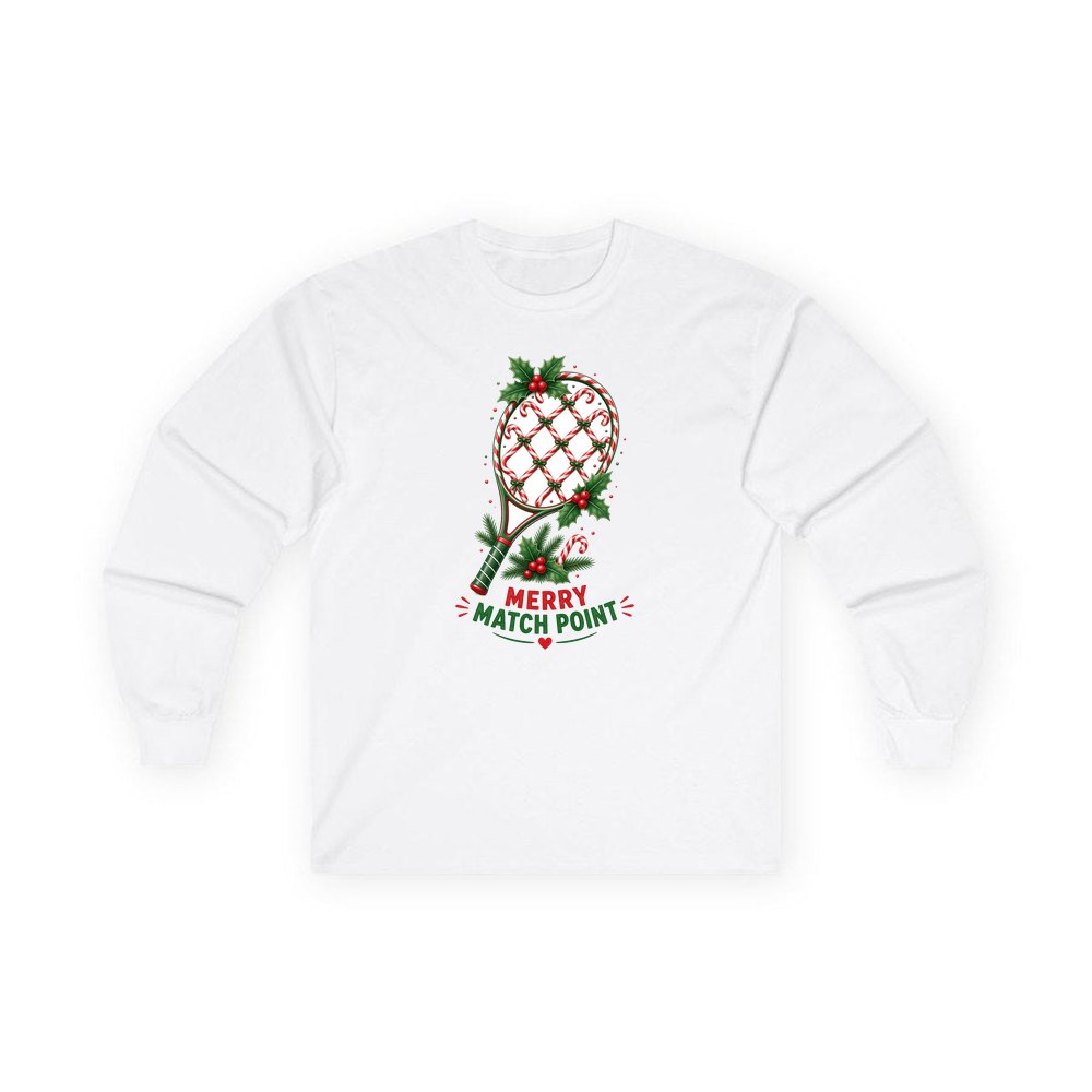 Merry Match Point Racquet personalised long sleeve Christmas T-shirt in white