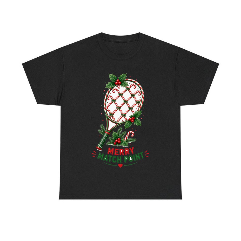 Merry Match Point Racquet personalised Christmas T-shirt in black