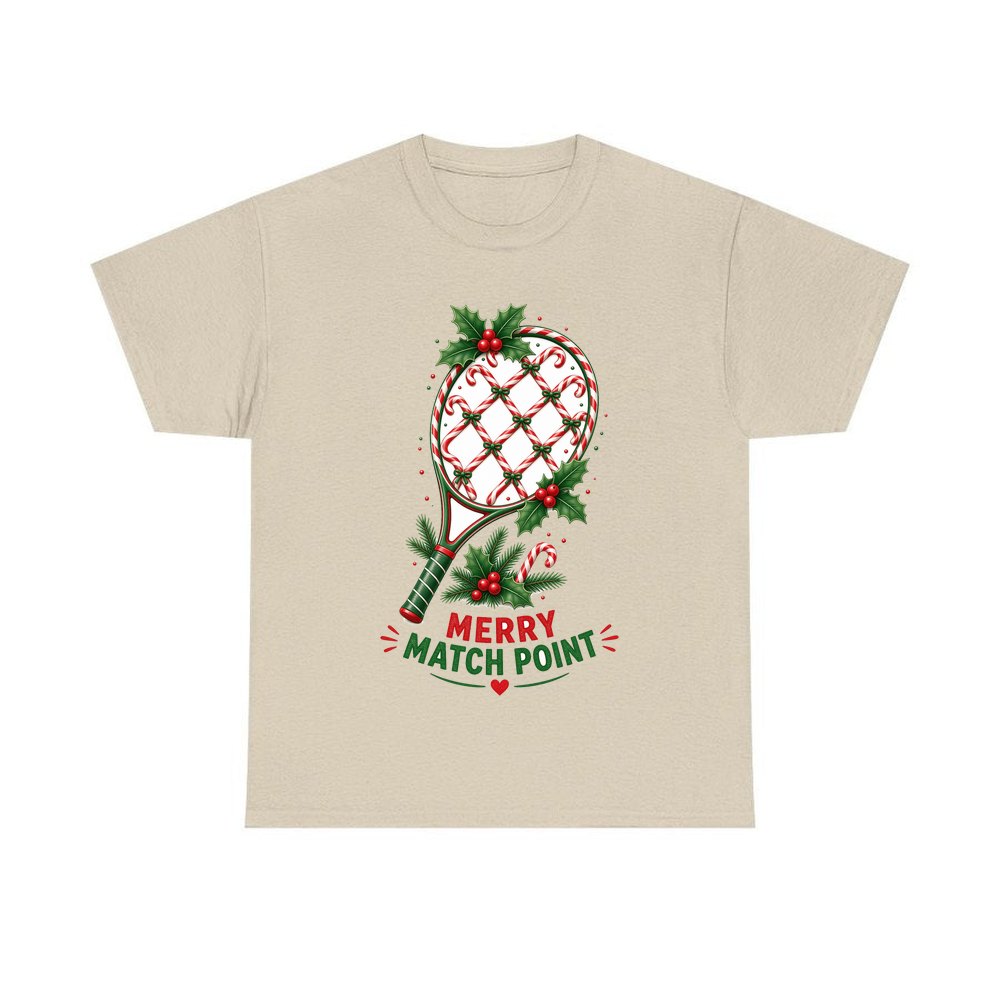 Merry Match Point Racquet personalised Christmas T-shirt in sand